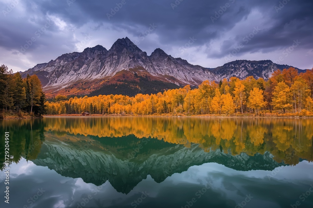 Obraz premium Thunderclouds loom over a majestic mountain range near a serene lake with vibrant autumn foliage reflecting on its calm surface.