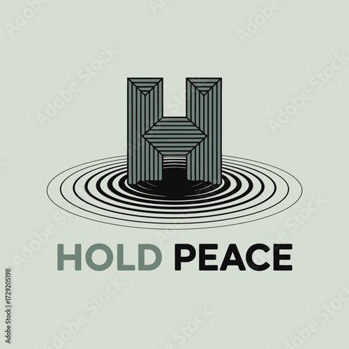 Modern geometric 'h' logo design above ripples with 'hold peace' text declaration of harmony and unity vector