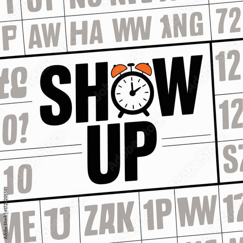 Bold 'show up' text art with alarm clock symbol overlayed on calendar grid for punctuality motivation vector