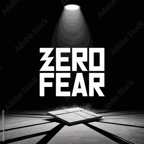 Bold industrial typography 'zero fear' illuminated by spotlight on textured stage surface evoking strength and determination stark graphic design vector