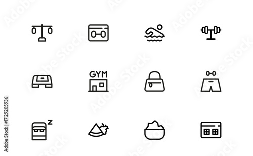 Fitness Icons Pack. Minimal and flat icons of workouts, exercise, yoga, and cardio for fitness apps, gym branding, and health-related projects.
