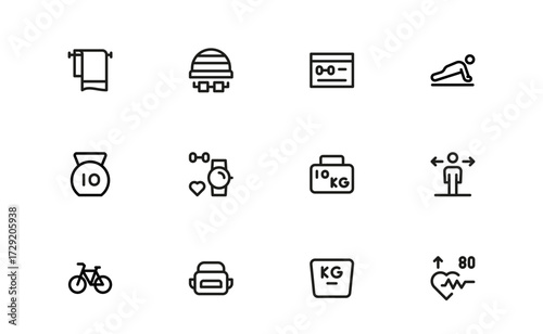 Flat and Outline Fitness Icons Set. Includes running, yoga, strength training, and workouts in a modern professional style for sports and health design.