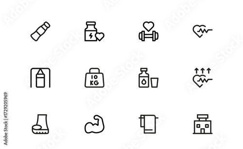 Minimalistic Fitness Icons Collection. Sleek, clean icons of gym equipment, yoga poses, workouts, and training perfect for wellness and fitness design projects.