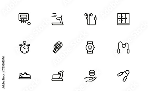 Modern Fitness Icons Pack. Flat and linear icons of stretching, training, cardio, and yoga for websites, apps, and health-focused digital applications.