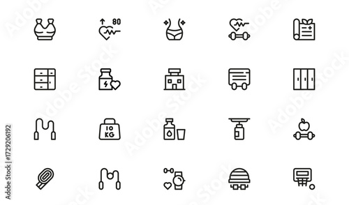 Professional Fitness Icons Collection. Minimal style icons of training, exercise, yoga, and gym workouts for designers, apps, and health-related content creators.