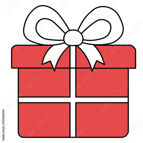 Red Christmas gift box with white ribbon in flat cute style. Perfect for festive holiday cards, decorations, and celebration designs.