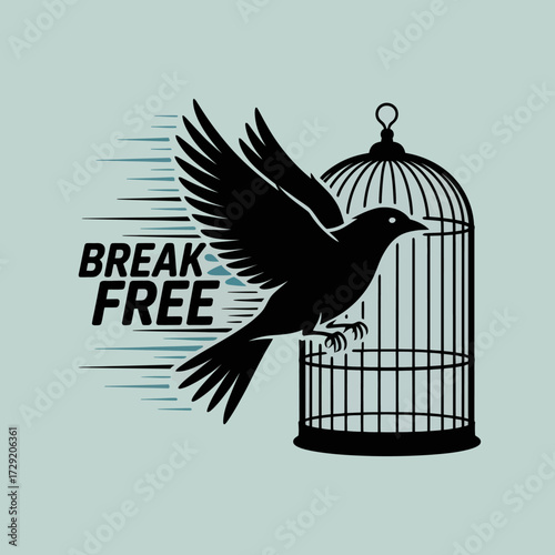 Symbolic black bird silhouette breaking free from cage with 'break free' text motion lines freedom concept vector