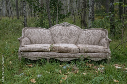 Close-up of an abandoned sofa surrounded by trash in a wooded area by the path