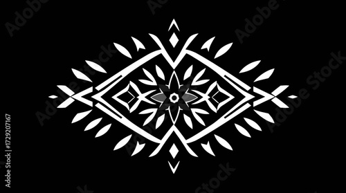 Symmetrical white abstract pattern on a black background, resembling a stylized eye or floral design.