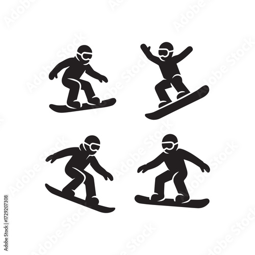 Set of vector black snowboarder icons
