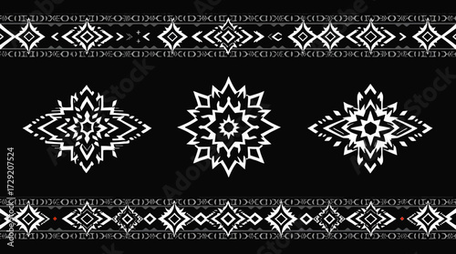 Black and white abstract ornamental pattern featuring geometric shapes and decorative borders.