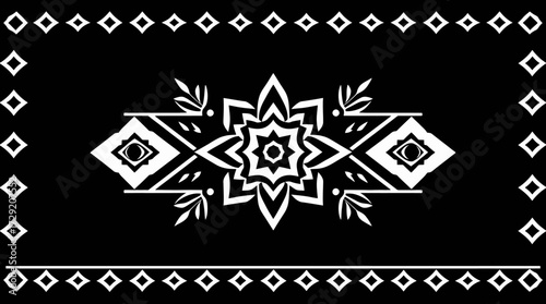 Geometric pattern in white on black background featuring a central floral design and diamond borders.