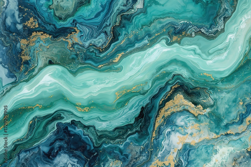 Naklejka premium Diagonal mint green waves with golden specks. Fluid artistic design. Abstract marble texture or backdrop.
