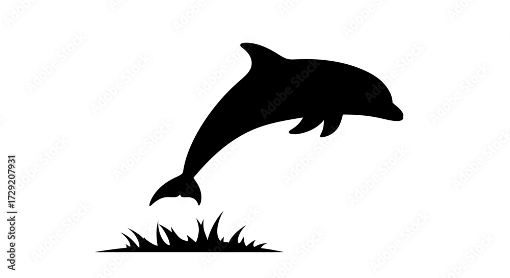 Fototapeta premium Silhouette of a dolphin leaping out of grass, depicted in black against a white background.