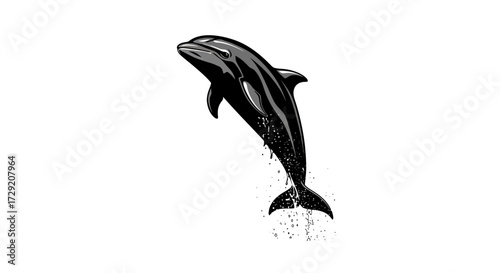 A monochrome illustration of a dolphin leaping gracefully out of the water, showcasing its form.