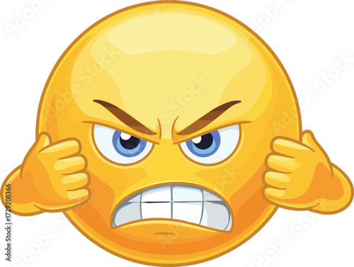 Extremely Angry and Frustrated Face Emoji Clenching Teeth and Raising Fists Showing Intense Fury Rage or Determination as a Flat Vector Illustration