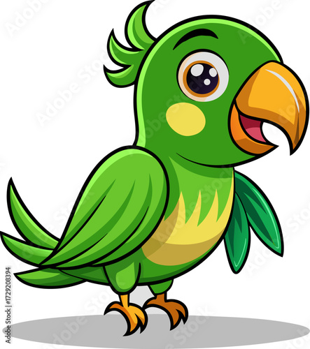Cheerful green parrot with bright eyes and a yellow beak standing on a white background