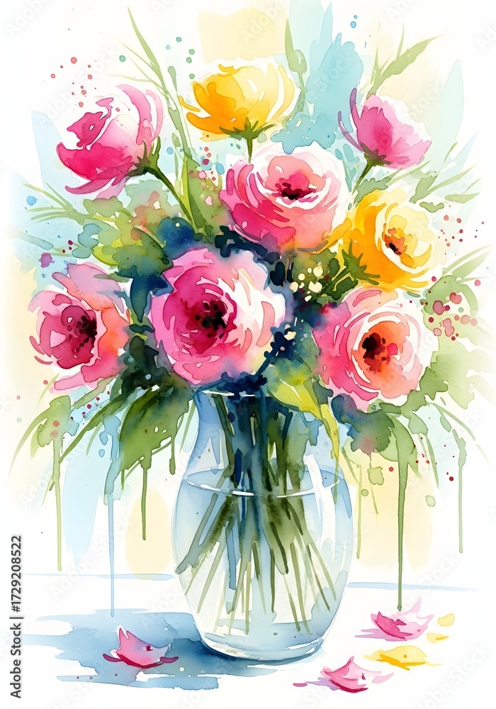 Fototapeta premium Vibrant watercolor bouquet of pink and yellow roses in a clear glass vase with splashes and drips. Springtime celebration and floral gift. Fresh, bright flowers painted with loose and energetic brushs