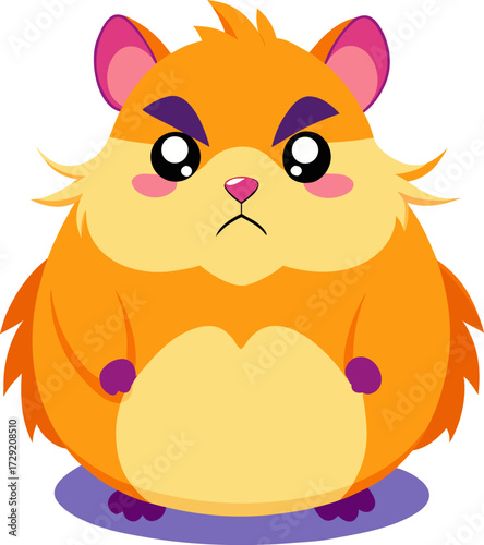 Cartoon hamster with an angry expression standing on a purple shadow looking upset