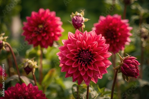 Detailed view of vibrant red dahlias flourishing outdoors