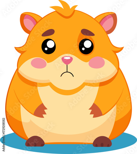 Cartoon hamster with a sad expression standing on a blue surface looking forlorn