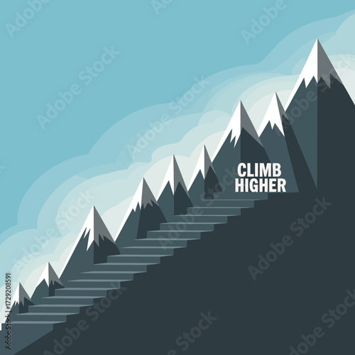Mountain summit climb higher inspirational concept digital art of steep mountain peaks and stairway to success symbolizing ambition and achievement vector