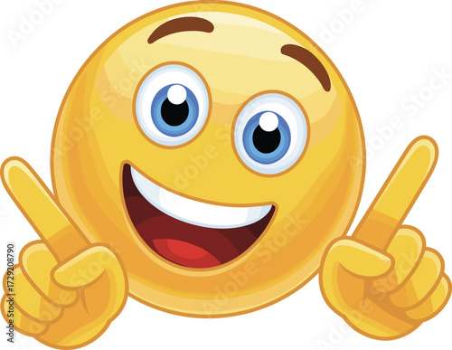 Very Happy and Excited Face with Wide Smile, Wide Eyes, and Both Index Fingers Pointing Up Expressing Enthusiasm, Celebration, or Fun as a Flat Vector Illustration