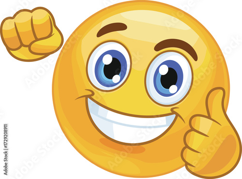 You've uploaded four images I will provide the title and keywords for the first image you presented in the latest request the Happy Face with a Thumbs Up and Raised Fist