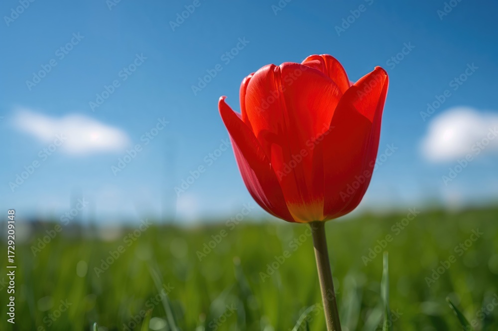 Obraz premium Close-up of a vibrant red tulip in bright sunlight