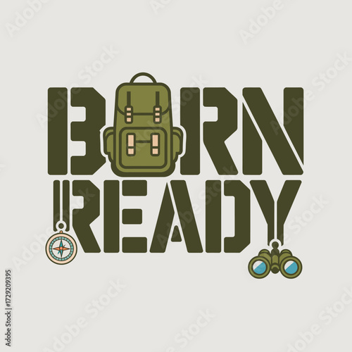 Adventure backpack and binoculars ready for outdoor exploration text design for camping and hiking enthusiasts vector