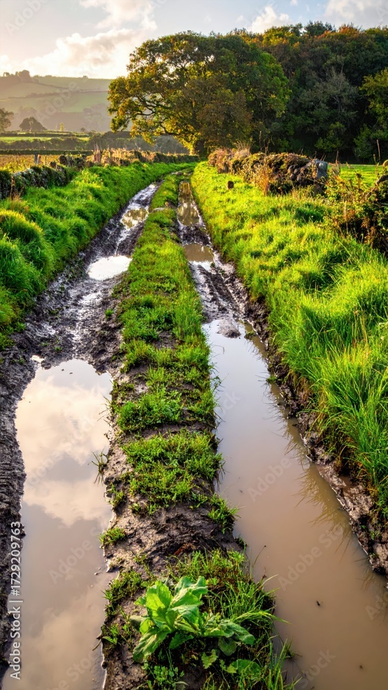 Obraz premium Tranquil Rural Pathway with Muddy Water Reflection and Green Grass