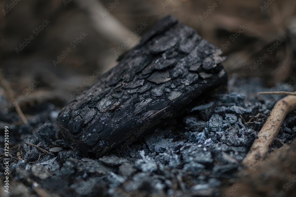 Obraz premium Close-up view of burnt wood and ash, highlighting a rough, textured surface with charred elements.