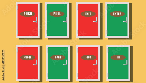 Set of colorful red and green doors with push pull open close enter and exit signs flat design illustration
