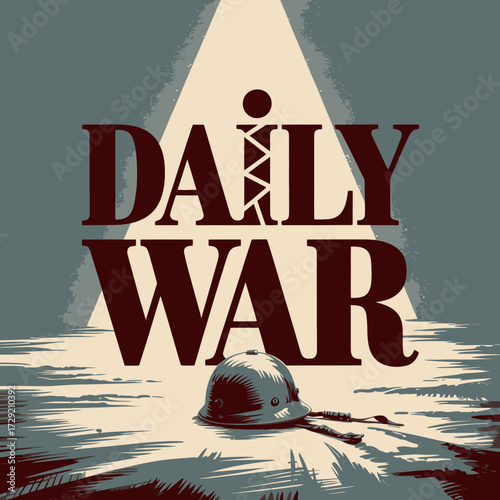 Impactful vintage newspaper style poster featuring 'daily war' headline and soldier's helmet awaiting news vector