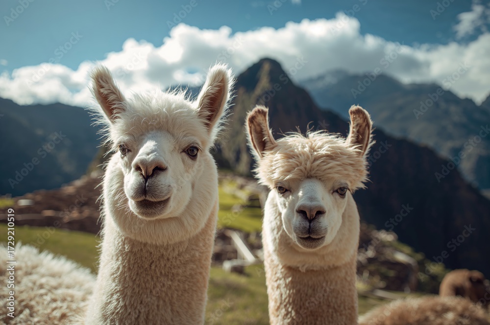 Obraz premium Adorable Alpaca Face with Mountain Scenic Background