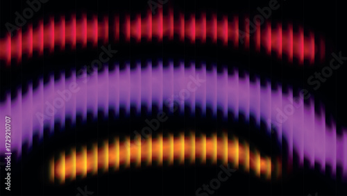 Abstract glowing red purple and orange curved arcs with digital light stripes on dark background
