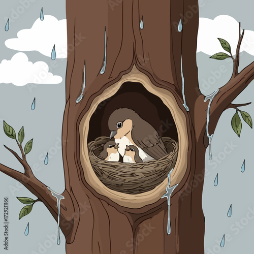 Mother Bird Sheltering Chicks in a Tree Hollow During Rain – Vector Illustration