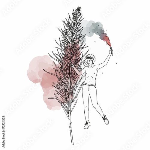 Young person celebrating with smoke bomb beside tall plant  