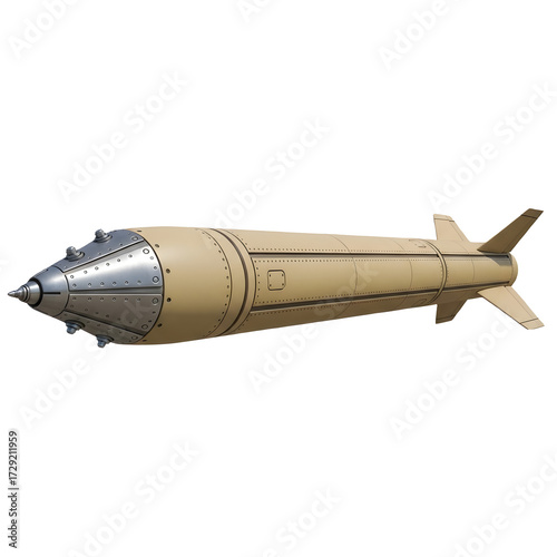 A detailed 3d render of a military missile with fins and a pointed nose, isolated on a transparent background