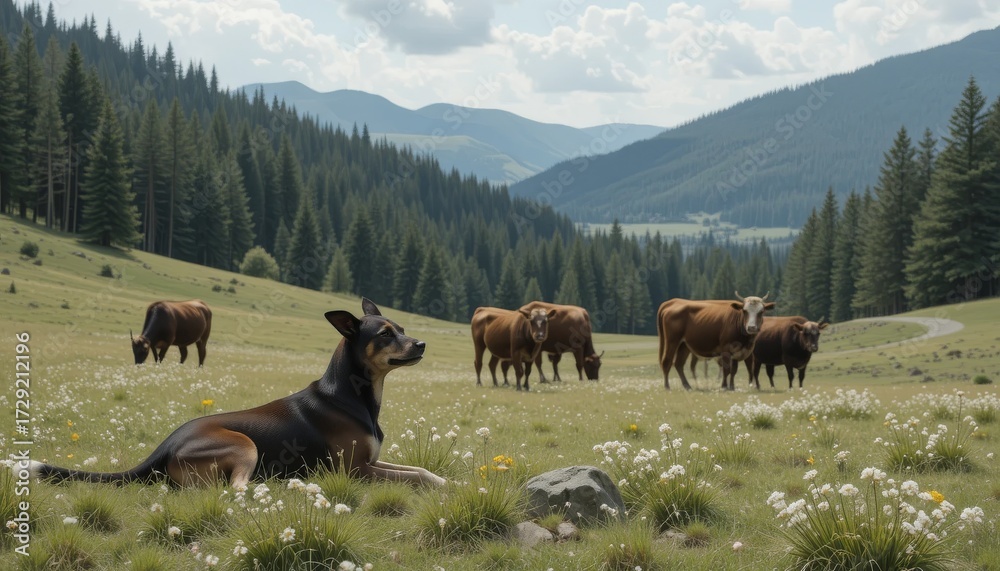 Naklejka premium Dog Shepherd Lazing Next to Grazing Cattle in a Calm Mountain Meadow Encircled by Hills and Pine Trees