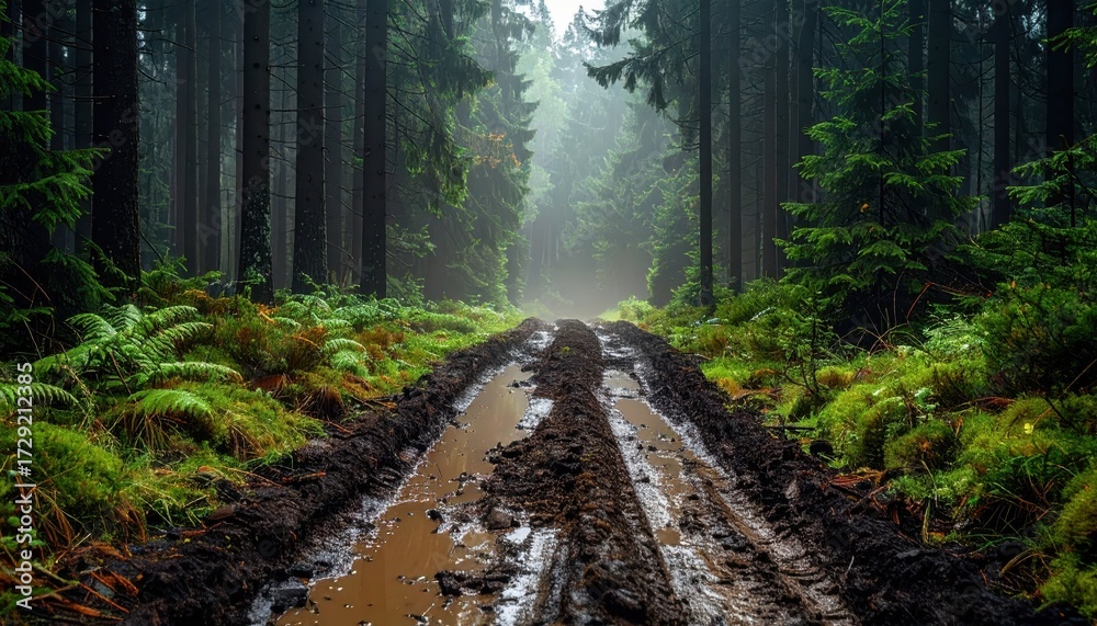 Fototapeta premium Muddy Trail Through Misty Forest Surrounded by Lush Greenery