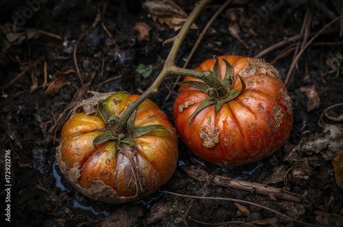 Rotting overmature tomatoes lying on soil