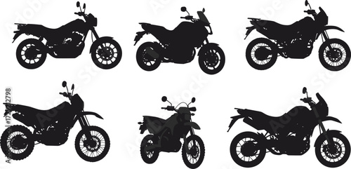 Motorcycle silhouettes set, motorbike icons, scooter, chopper, sport bike, cruiser, transportation vector, vehicle design, biker lifestyle, black silhouette illustration