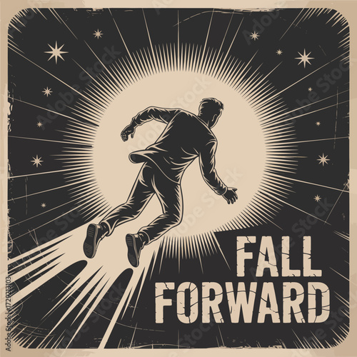 Man tumbling forward towards bright light silhouette retro poster style represents progress ambition hope and momentum vector