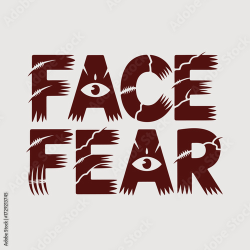Text art "face fear" with cracked font and claw marks evokes horror psychological trauma and inner demons in a visually striking design vector