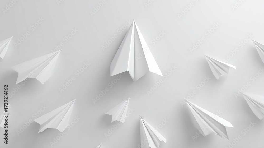 Fototapeta premium One paper plane flying upwards among flat white planes, symbol of innovation and breakthrough.