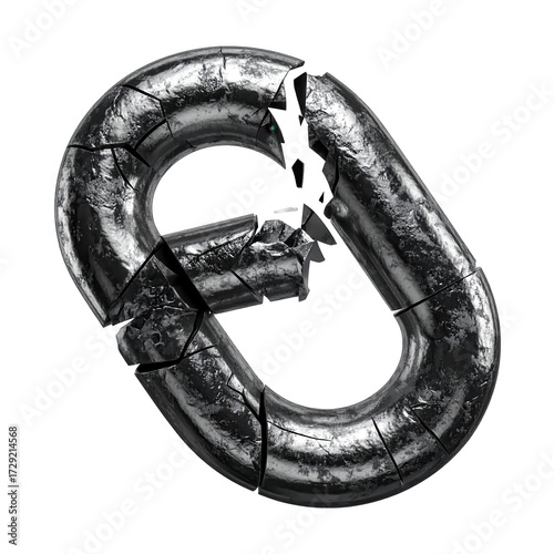 A broken metal chain link is depicted against a stark black background, showcasing its shattered form and reflective surface with several cracks running through it.
