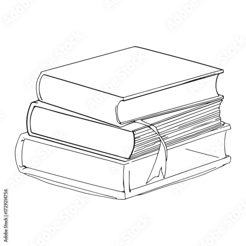 A simple black and white line drawing illustration of three stacked books with visible pages and covers