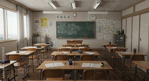 Brightly Lit, Unoccupied Japanese High School Classroom Ready for Students, Showcasing the Orderly and Clean Educational Setting with Sunlight