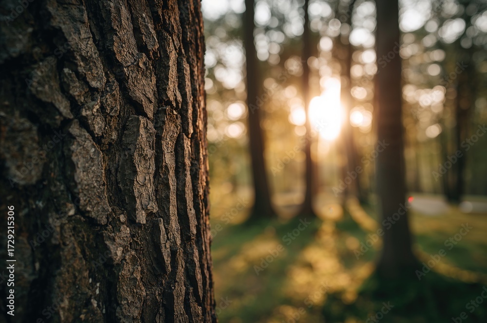 Fototapeta premium Detailed view of tree bark texture with soft-focused forest backdrop on a bright day